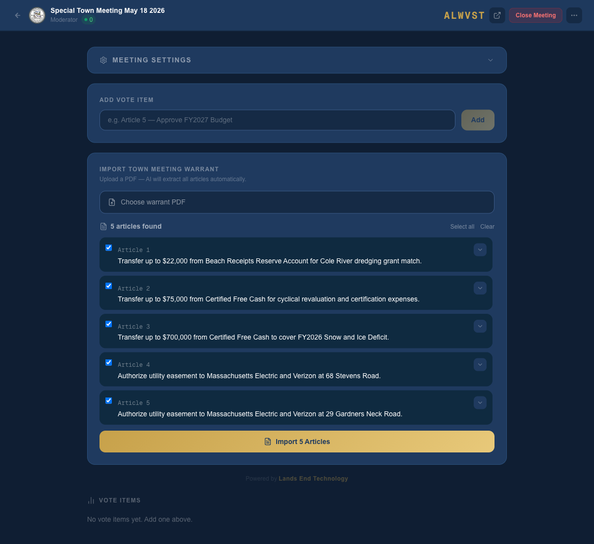 All warrant articles imported and listed as vote items